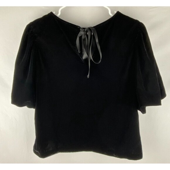 Gap Blouse Womens Medium Black Velvet Puff Sleeve Top Keyhole Ribbon Tie Holiday - Picture 10 of 12